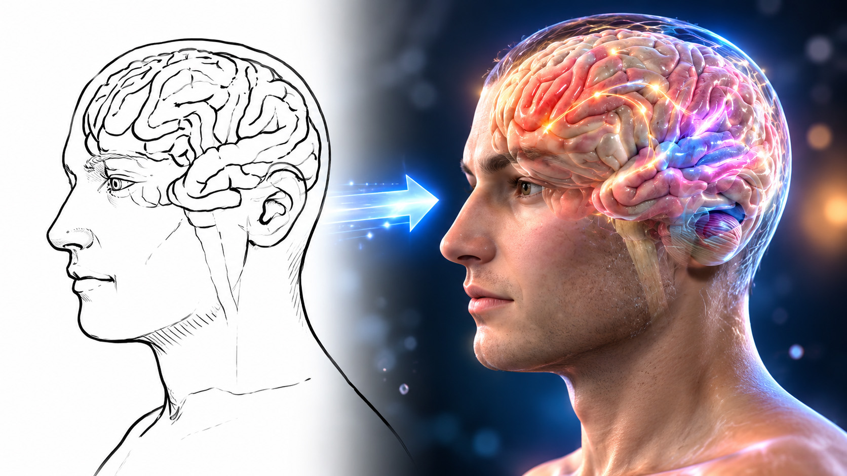 Anatomy and physiology brain illustration transitioning into realistic 3D anatomy